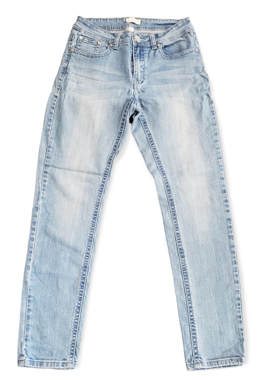 Nurture Light Washed Straight Leg Denim Blue Jeans w. Embroidered Pockets Size 6